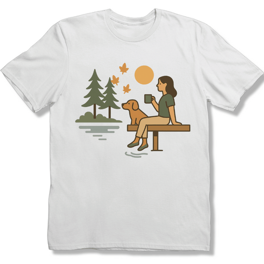 Autumn Lakeside, coffee and Dog T-shirt