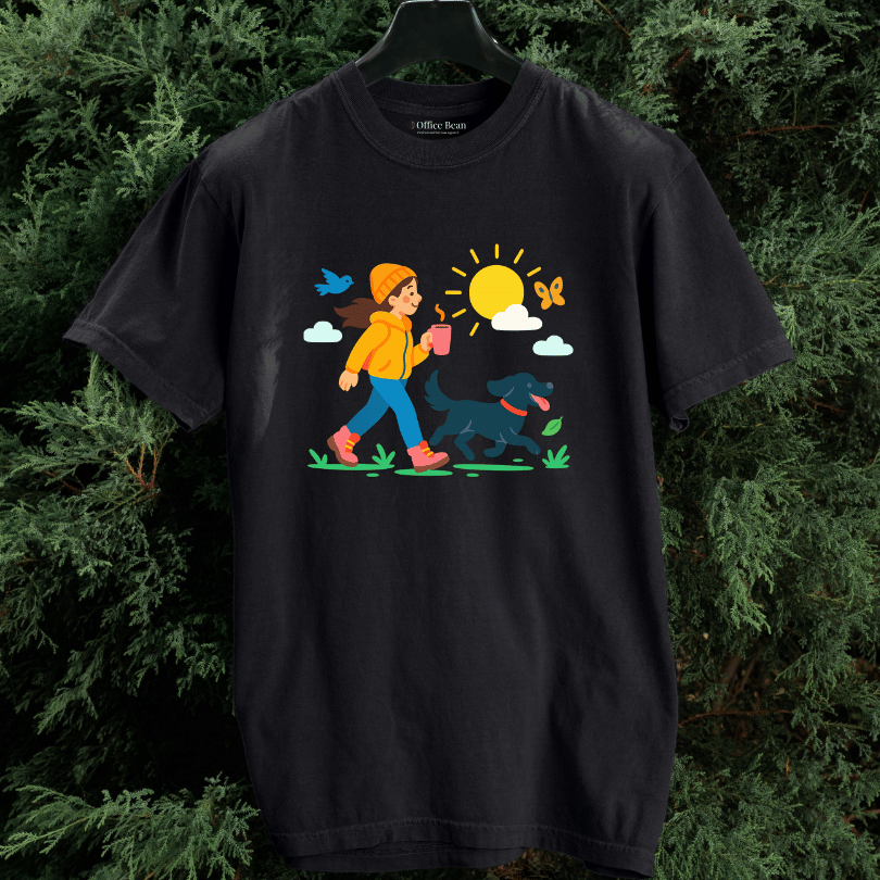 A Girl, Coffee & Black Dog Walk T-shirt
