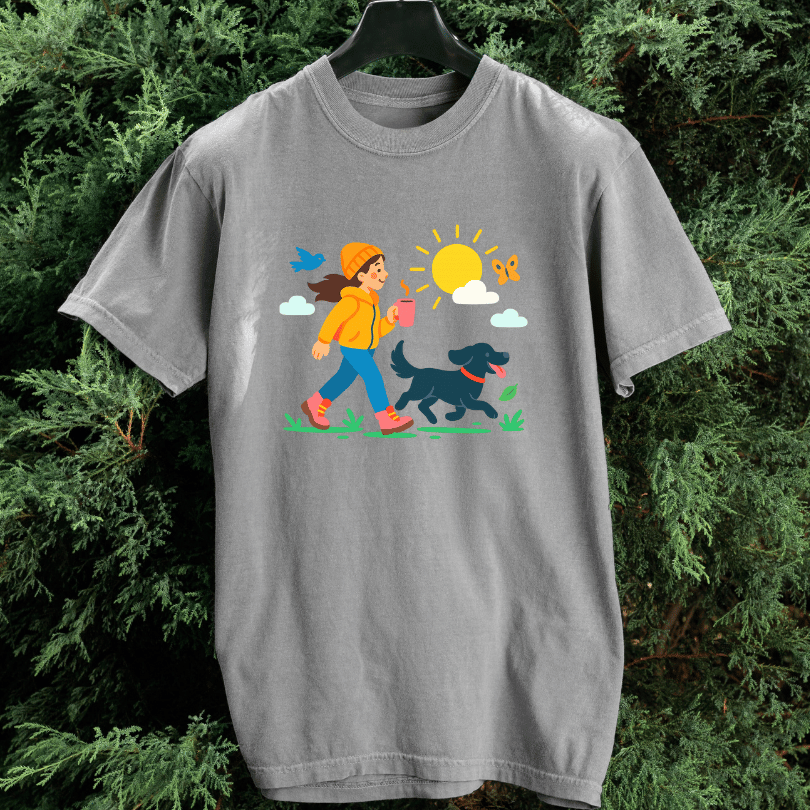 A Girl, Coffee & Black Dog Walk T-shirt