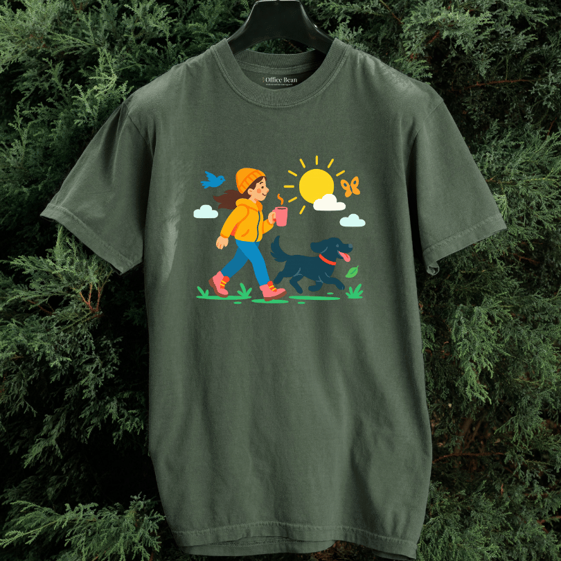 A Girl, Coffee & Black Dog Walk T-shirt