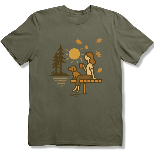 Autumn Lake, coffee and Dog T-shirt