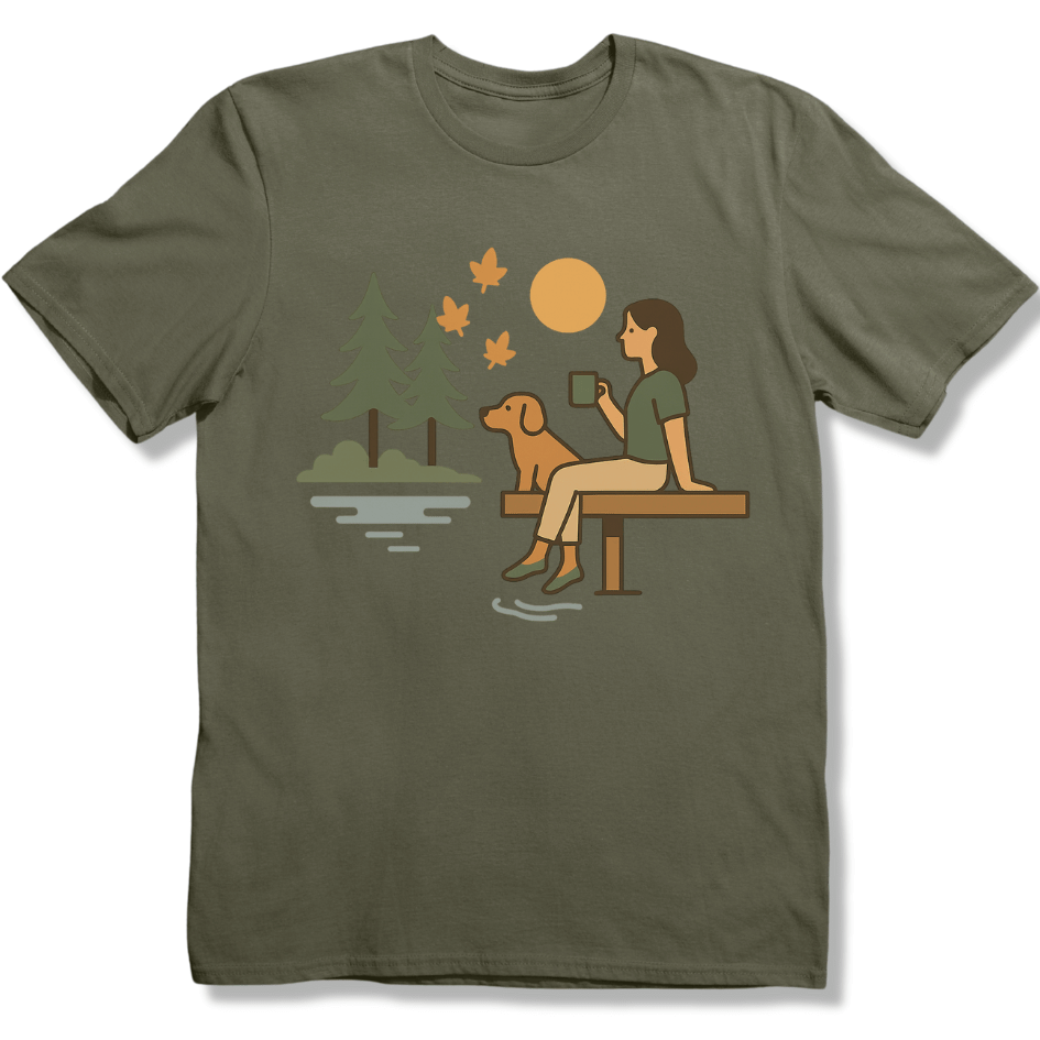 Autumn Lakeside, coffee and Dog T-shirt