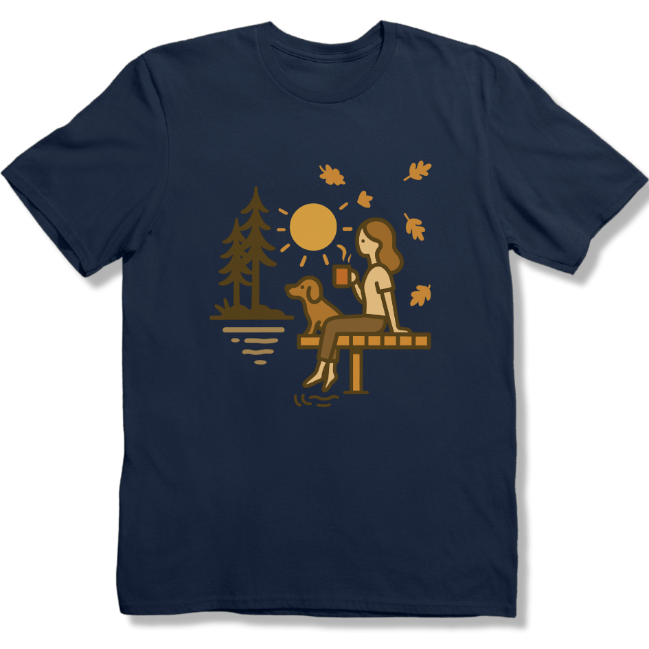 Autumn Lake, coffee and Dog T-shirt