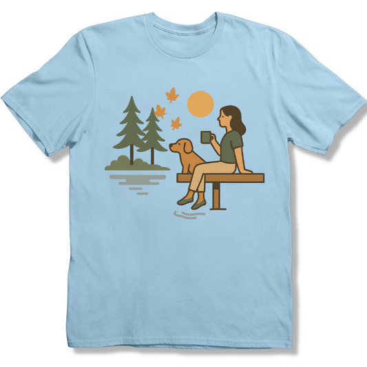 Autumn Lakeside, coffee and Dog T-shirt