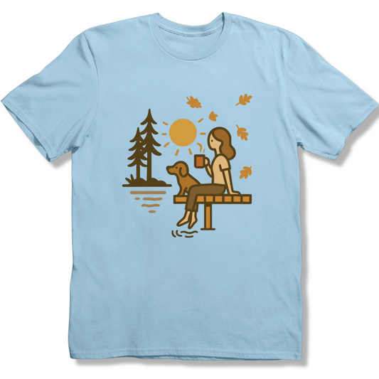 Autumn Lake, coffee and Dog T-shirt