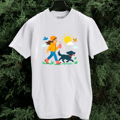 A Girl, Coffee & Black Dog Walk T-shirt