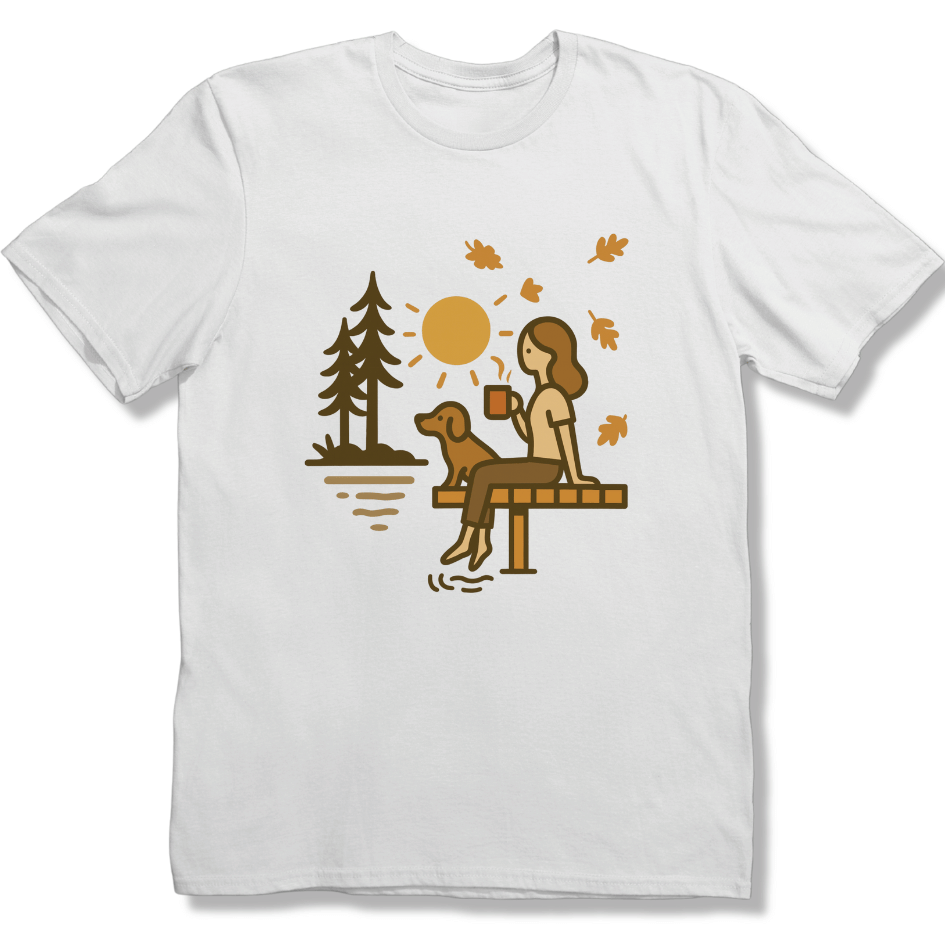 Autumn Lake, coffee and Dog T-shirt