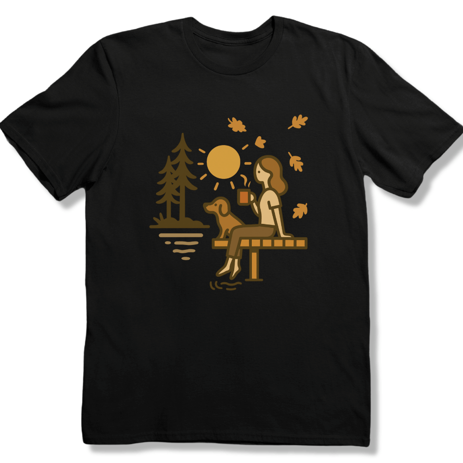 Autumn Lake, coffee and Dog T-shirt