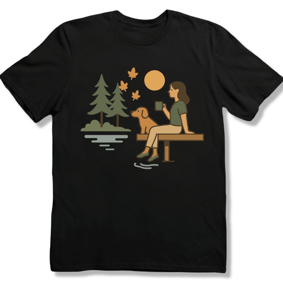 Autumn Lakeside, coffee and Dog T-shirt