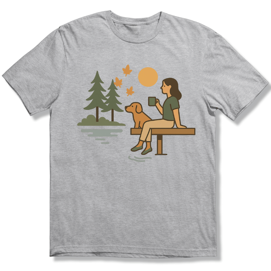 Autumn Lakeside, coffee and Dog T-shirt