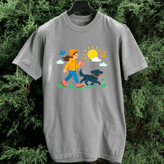 A Girl, Coffee & Black Dog Walk T-shirt