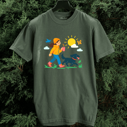 A Girl, Coffee & Black Dog Walk T-shirt