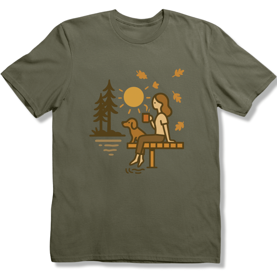 Autumn Lake, coffee and Dog T-shirt