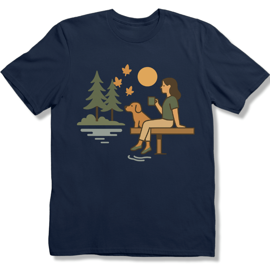 Autumn Lakeside, coffee and Dog T-shirt