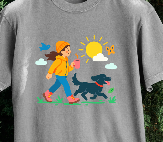 A Girl, Coffee & Black Dog Walk T-shirt
